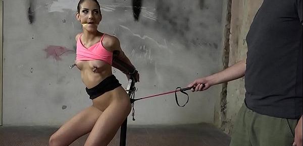  Miky Love struggling to escape from ropes while being whipped nipple-clamped gagged vibed and dildo fucked